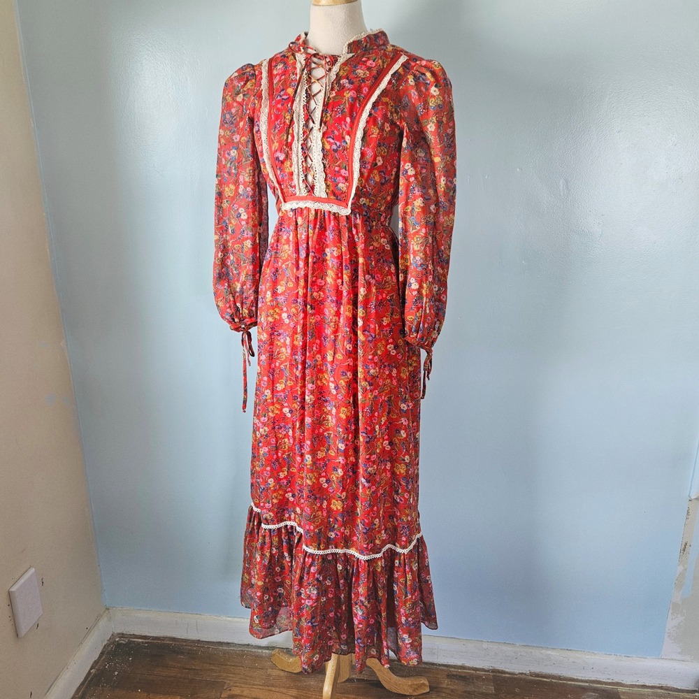 Vintage Candi Jones California Red Floral Prairie Maxi Dress Lace Up Boho 70s 5 - Picture 2 of 8